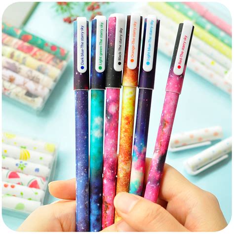 6 Pcs Set Color Gel Pen Starry Pattern Cute Kitty Hero Roller Ball