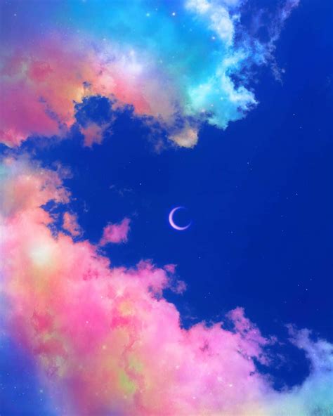 Download Colorful Trippy Aesthetic Cloud With Crescent Moon Wallpaper