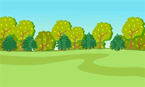 Spring Or Summer Green Cartoon Country Landscape With Green Fields And