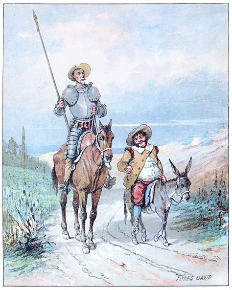 Don quixote thought the windmill was a giant, attacked it and got hit to the ground. Don Quixote and Sancho Panza. Jules David, frontispiece ...