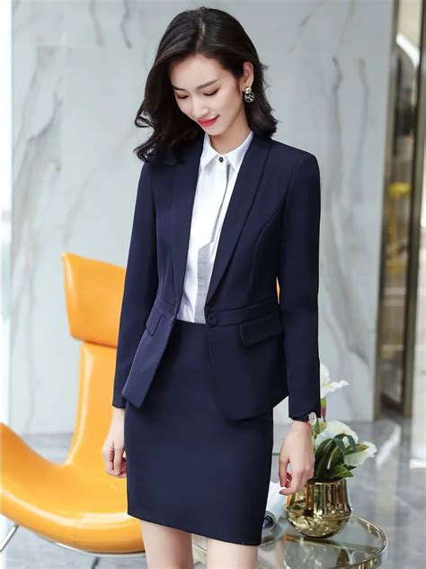 Formal Navy Blue Blazer Women Skirt Suits Ladies Business Suits Work