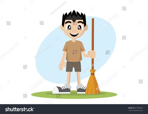 Cartoon Character Boy Holding Broom Vector Stock Vector Royalty Free