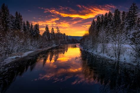 Download Winter Reflection Sunrise Nature River Hd Wallpaper