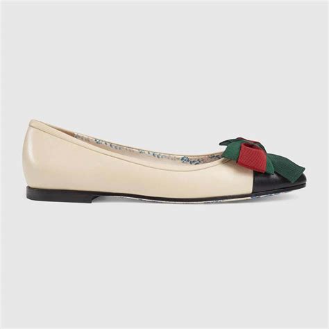 Gucci Women Shoes Leather Ballet Flat With Web Bow 10mm Heel White Lulux