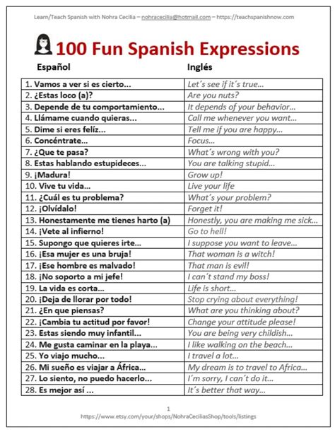 100 Fun Spanish Phrases Etsy