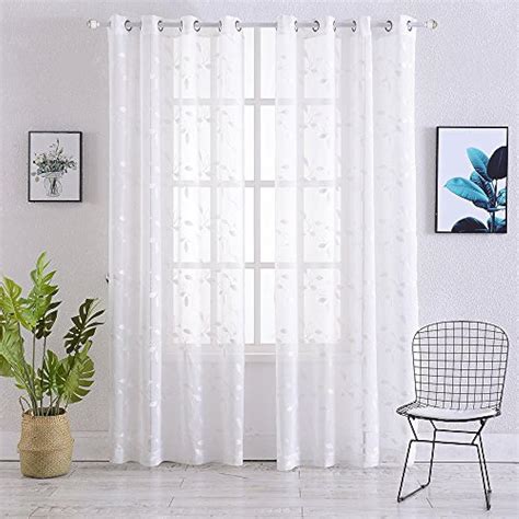 Sheer Curtains Leaf Embroidery White Window Faux Linen Textured Solid