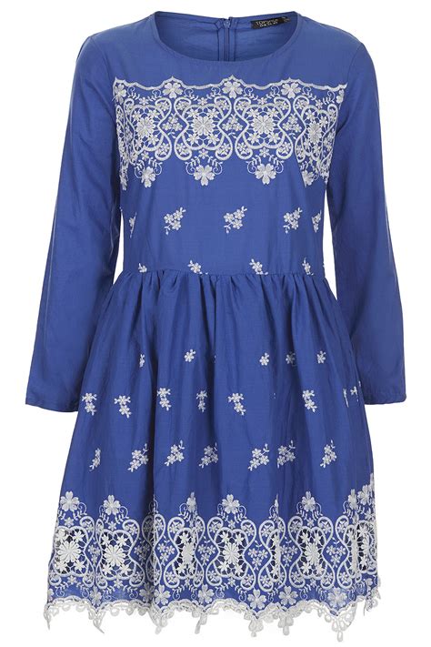 Lyst Topshop Embroidered Hem Flippy Dress In Blue
