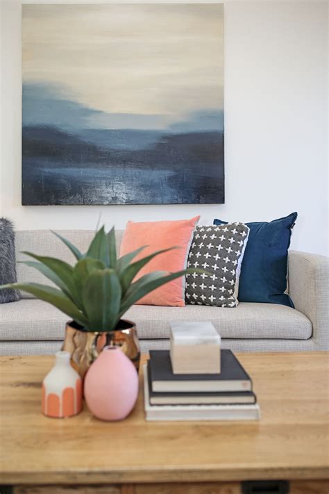 See more ideas about grey lounge, interior, design. Lounge room living room styling grey sofa blue canvas pink navy blue velvet cushion coffee table ...