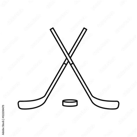 Crossed Hockey Sticks And Puck Icon In Outline Style On A White