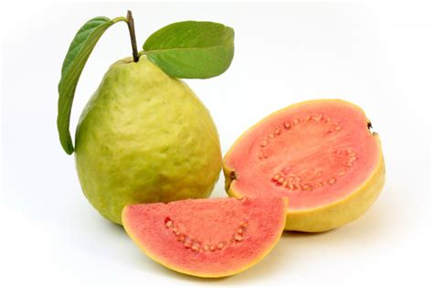 Mature trees freeze at about. Close-up guava fruit, pink, fresh, organic, with leaves ...