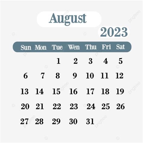 Calendario Agosto 2023 Con Colori Tenui Calendario 2023 Agosto Mensile File Png E Psd Per