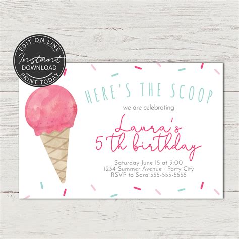 Ice Cream Party Invitation Editable Birthday Template Etsy Ireland