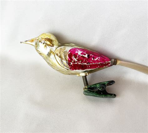 Vintage Glass Clip On Bird Ornament Gold Magenta Figural Glass Bird