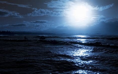 Free Download Moon Night Ocean Coast Light Serfer Outlines Full Hd