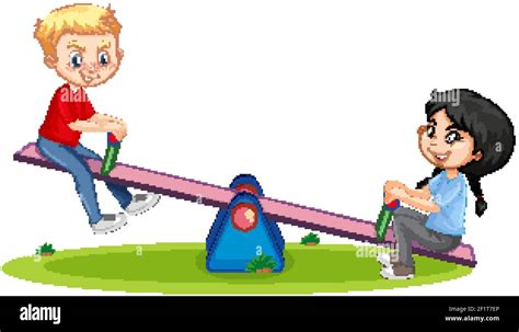 Cartoon Character Boy And Girl Playing Seesaw On White Background