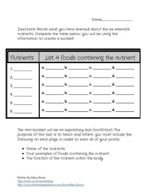 The Six Essential Nutrients Lesson Plan And Worksheet Health Lesson