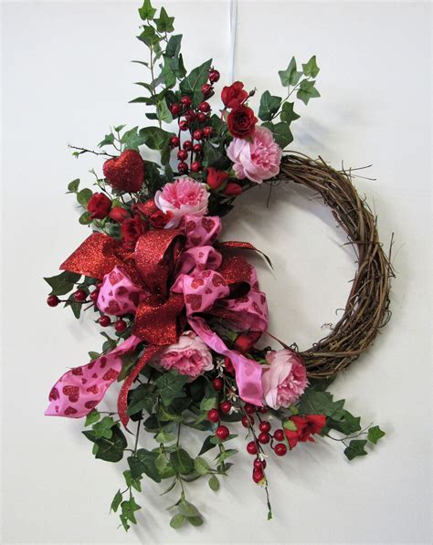 Pink And Red Rose Silk Floral Valentines Day Crescent Front Door Wreath