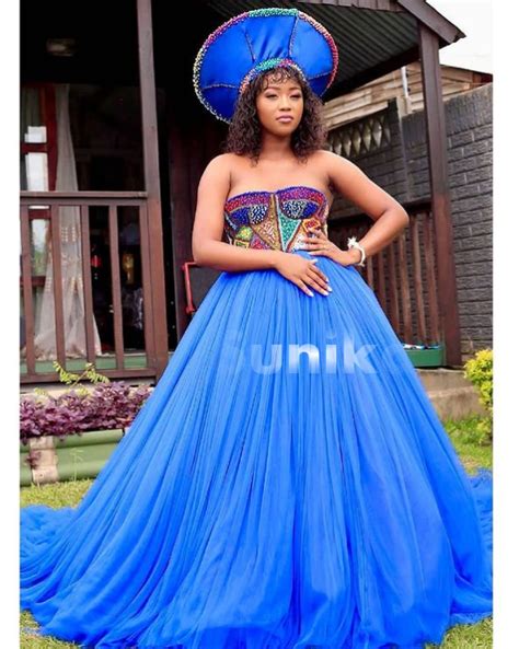 Beaded Zulu Traditional Wedding Dress Blue African Attire Dresses