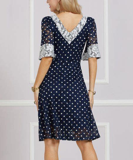 Suzanne Betro Dresses Navy Polka Dot Lace Trim V Neck Dress V Neck