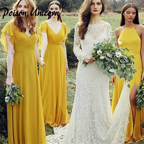 New Bridesmaid Dresses Long Yellow Chiffon With V Neck Pleat Elegant Bride Banquet Wedding Prom