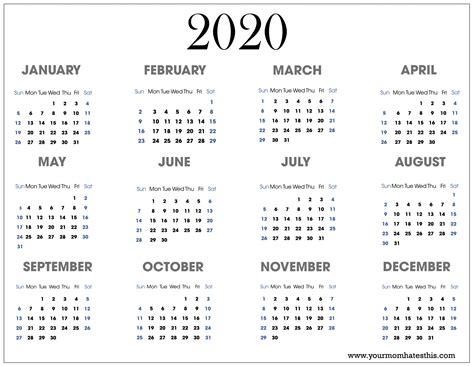 Printable 2020 Calendar Template 2020 Calendar Template Printable