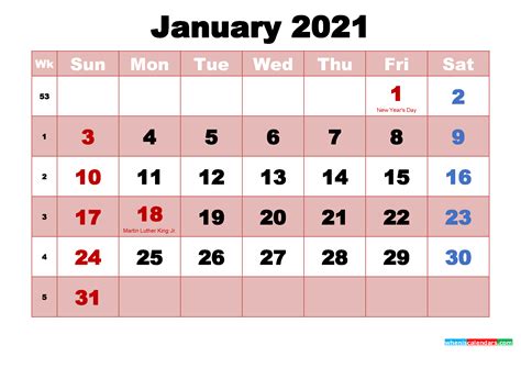 January 2021 Printable Monthly Calendar With Holidays