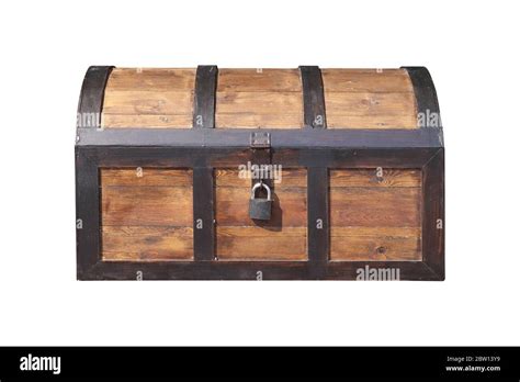 Vintage Wooden Chest With Key Lock Isolated On White Background Work