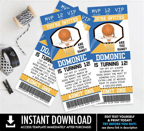 Basketball Ticket Invitation Basketball Party Birthday Blue And Gold