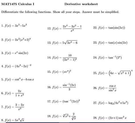 Derivative Worksheet With Answers Worksheets For Kindergarten