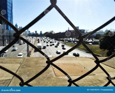 View Over The I 85 Highway Through The Wire Fence Stock Image Image