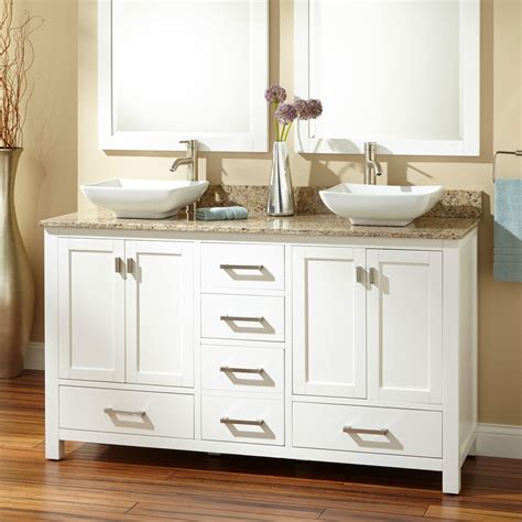 What i really love about bathroom vanities with the option of a vessel sink is that you can be really creative because the bathroom vanities themselves, what's really important, especially if you buy a piece like this that's got the base cabinet and the countertop is that it's already cut for a vessel sink. 60" Modero Double Vessel Sink Vanity - White - Bathroom