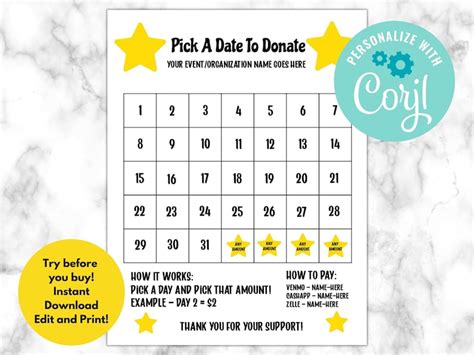 Pick A Date Fundraiser Editable All Purpose Template Calendar Sponsor