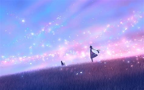 Anime Landscape Glowing Particles Cat Anime Girl Anime Hd