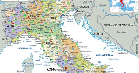 Italia está situada en europa meridional, limita al norte con suiza y austria; Italia Mapa Político | Mapa de Italia Ciudades