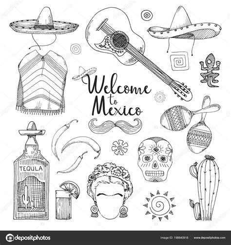 Conjunto Elementos Cultura Mexicana Bienvenido México Ilustración