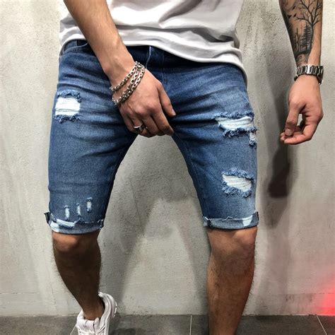 New Summer Denim Shorts Men Cotton Solid Straight Male Blue Short Hole Frayed Knee Length Jeans