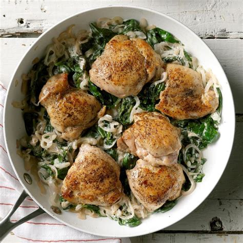 We love to see your food, but we also want to try it if we wish to. Chicken Thighs with Shallots & Spinach | Recipe | Chicken dinner recipes, Spinach side dish ...
