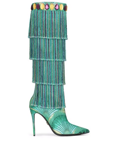 Dolce And Gabbana Metallic Threading Fringed Knee High Boots In Green