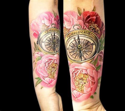 Compass And Flowers Tattoo By Anjelika Kartasheva Photo 19525