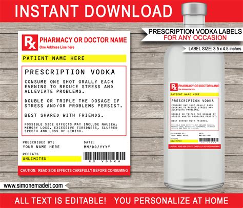 Rx Prescription Vodka Labels Template Last Minute Funny Gag T