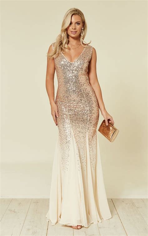 Sequin And Chiffon Maxi Dress DR627S Champagne By Goddiva Occasion