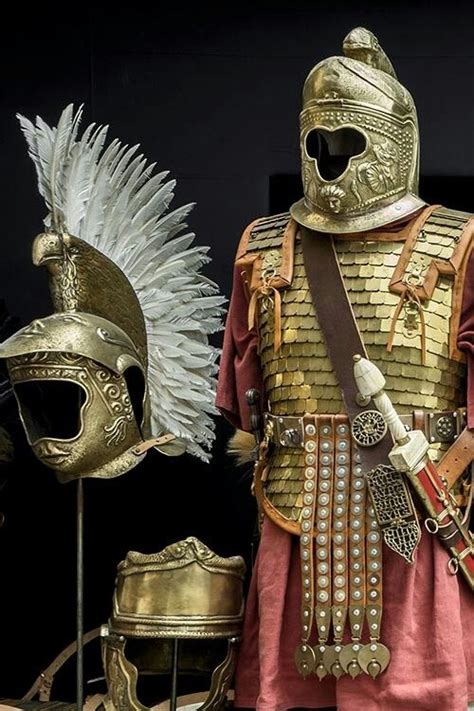 An Old Roman Soldiers Armor And Helmet On Display