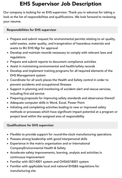 Ehs Supervisor Job Description Velvet Jobs