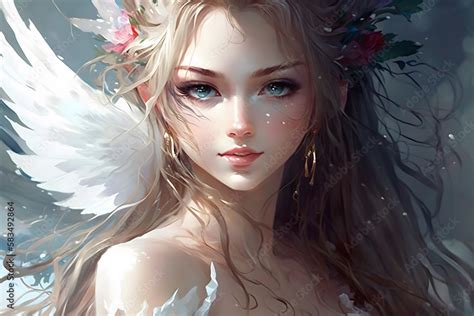 stockillustratie portrait of a beautiful blonde angel girl in anime style neural network ai