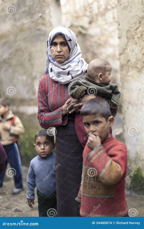 Syrian Mother With Her Childern In Aleppo Editorial Stock Image