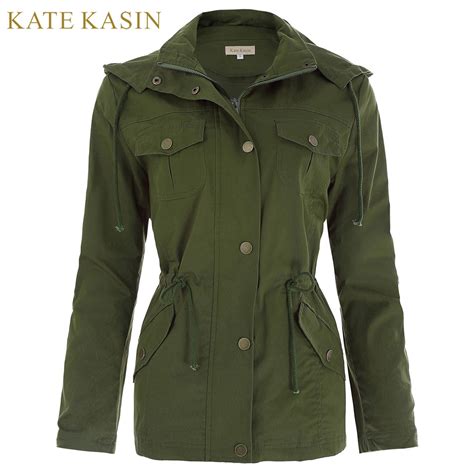 Kate Kasin Women Military Jacket Bomber Coat Ladies Spring Army Green