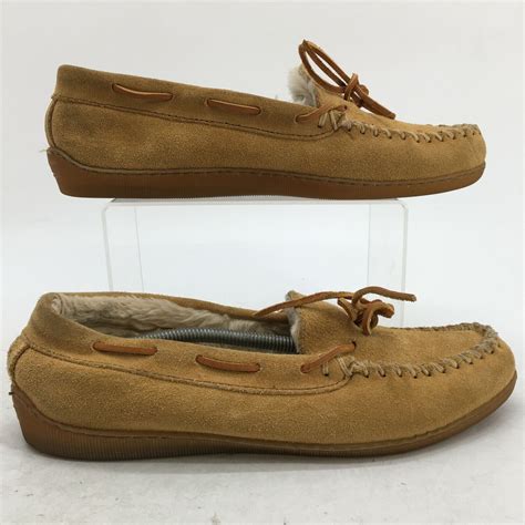 Minnetonka Shoes Womens 9 Pile Lined Hardsole Moccasin Shearling 3501w Tan Suede Ebay