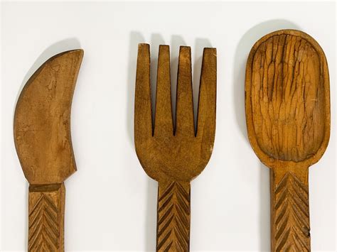 Retro Oversized Wooden Spoon Fork Knife Set Funky Vintage Mid Century