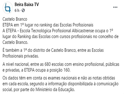 Castelo Branco Etepa Em Lugar No Ranking Das Escolas Profissionais Bbd