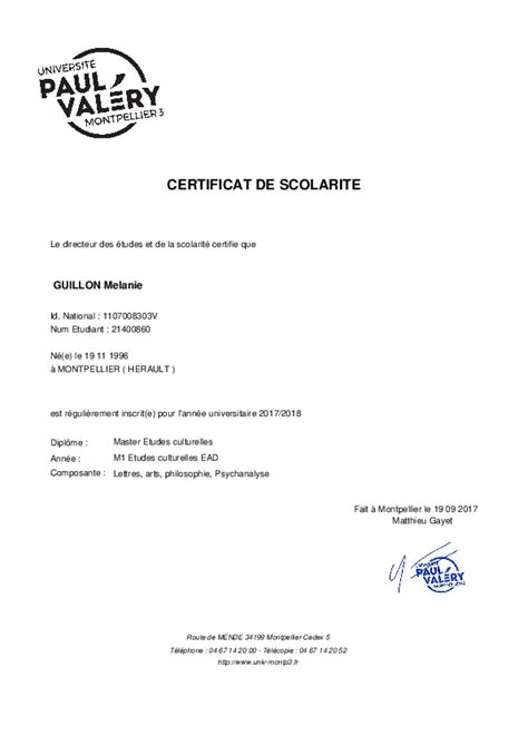 Pdf Certificat De Scolarite Mélanie Guillon